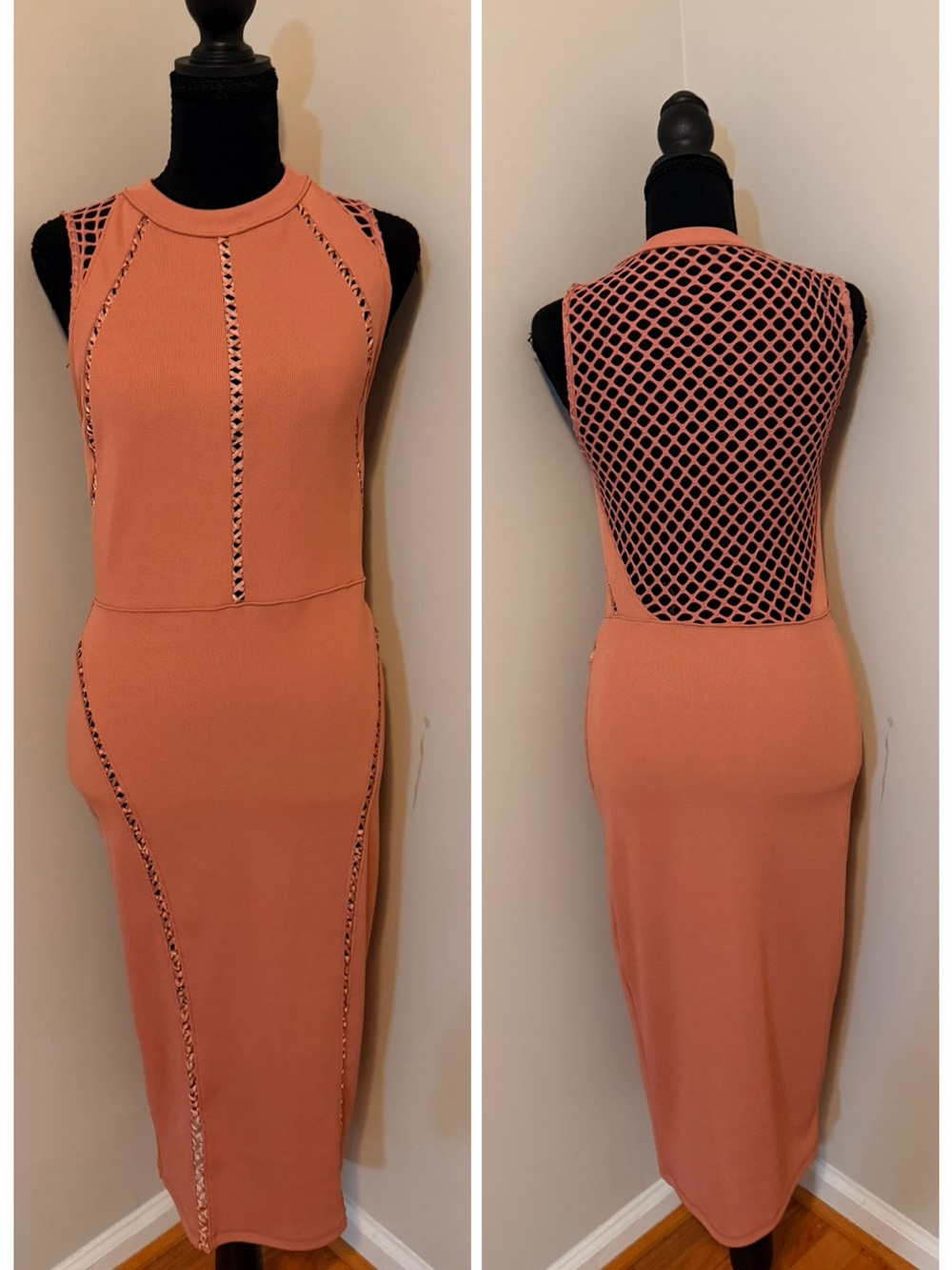 Topshop Coral Peach Sleeveless Midi Dress with Mesh Back